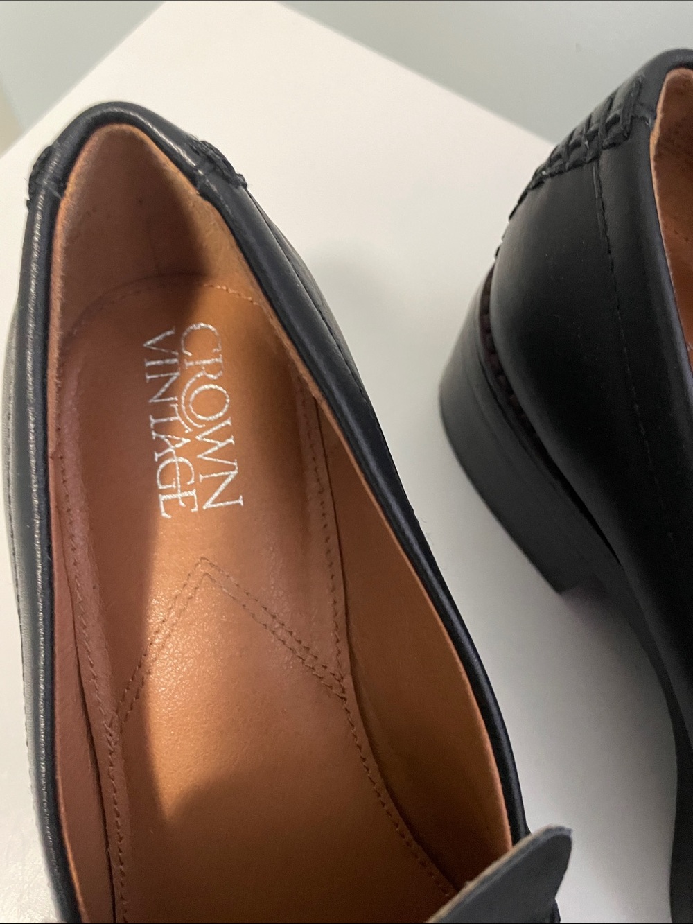 Black Leather women’s stacked heel Penny Loafers - Picture 2 of 6
